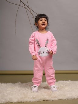 Budding Bees - Cotton Fleece Full Sleeves Rabbit Embroidered Romper - Pink