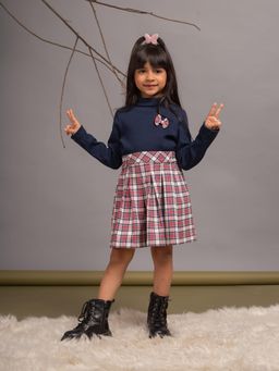 Budding Bees - Cotton Full Sleeves High Neck T-Shirt with Checked Skirt-Black (Set of 2)