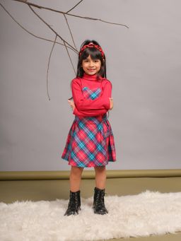 Budding Bees - Cotton Full Sleeves Heart Patch High Neck T-Shirt & Skirt - Red (Set of 2)