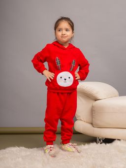 Budding Bees - Cotton Fleece Full Sleeve with Rabbit Embroidered Hoodie - Red (Set of 2)