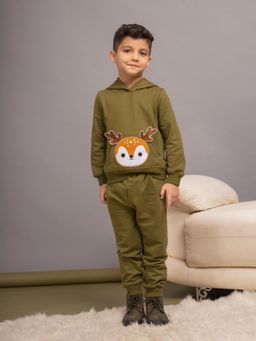 Budding Bees - Cotton Fleece Full Sleeve with Fox Embroidered Hoodie - Green (Set of 2)