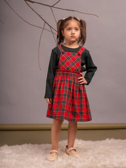 Budding Bees - Cotton Jersey Full Sleeves T Shirt with Checked Dungaree - Red (Set of 2)