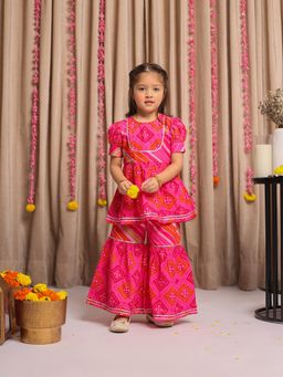 Budding Bees - Cotton Jaipuri Design Printed Short Sleeves Top & Sharara - Pink (Set of 2)