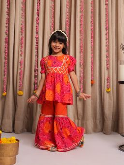Budding Bees - Cotton Bandhani Printed Short Sleeves Top & Sharara - Orange (Set of 2)