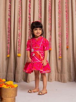 Budding Bees - Cotton Jaipuri Printed Short Sleeves Flare Dress - Pink