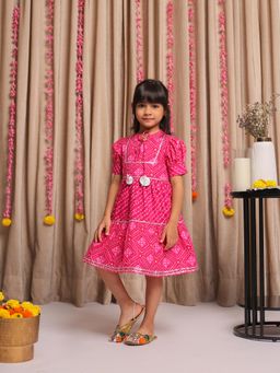 Budding Bees - Cotton Bandhani Printed Short Sleeves Flare Dress - Pink