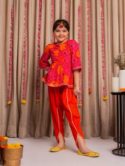 Budding Bees - Cotton Bandhani Printed Full Sleeves Top & Dhoti - Orange (Set of 2)