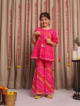 Budding Bees - Cotton Full Sleeves Printed Top & Sharara-Pink (Set of 2)