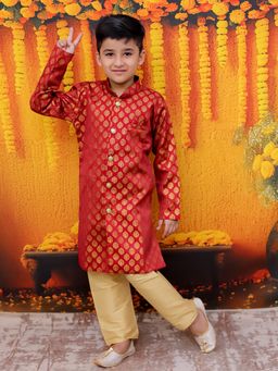 BownBee - Front Open Full Sleeve Jacquard Sherwani with Pajama for Boys- Maroon (Set of 2)