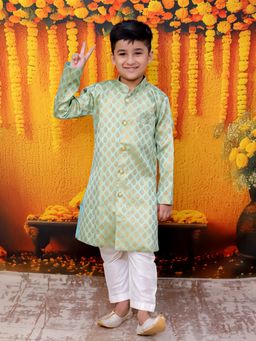 BownBee - Front Open Full Sleeve Jacquard Sherwani with Pajama for Boys- Green (Set of 2)