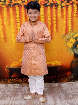 BownBee - Front Open Full Sleeve Jacquard Sherwani with Pajama for Boys- Peach (Set of 2)
