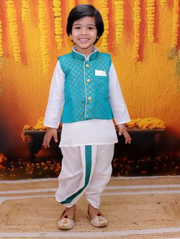 BownBee - Full Sleeve Dhoti Kurta with Jacquard Jacket for Boys- Green (Set of 3)