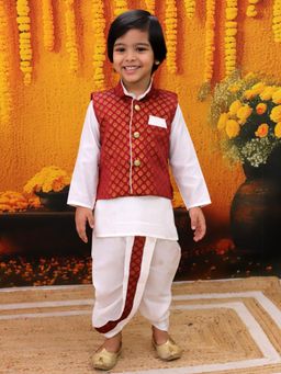 BownBee - Full Sleeve Dhoti Kurta with Jacquard Jacket for Boys- Maroon (Set of 3)