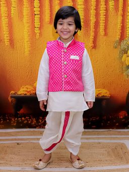BownBee - Full Sleeve Dhoti Kurta with Jacquard Jacket for Boys- Pink (Set of 3)