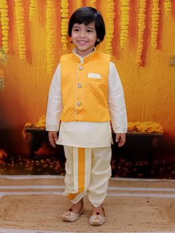 BownBee - Full Sleeve Dhoti Kurta with Jacquard Jacket for Boys- Yellow (Set of 3)