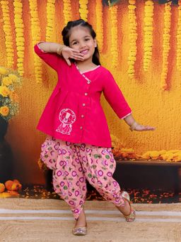 BownBee - Pure Cotton Embroidered Top with Printed Dhoti for Girls- Pink (Set of 2)