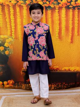 BownBee - Pure Cotton Full Sleeve Printed Jacket Kurta Pajama for Boys- Blue (Set of 3)