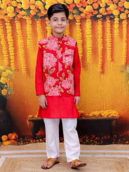 BownBee - Pure Cotton Full Sleeve Printed Jacket Kurta Pajama for Boys- Red (Set of 3)