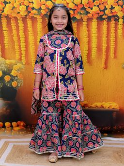 BownBee - Pure Cotton Printed Kurta Sharara with Dupatta for Girls- Blue (Set of 3)