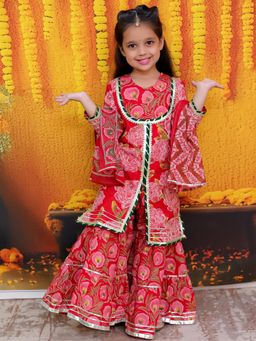 BownBee - Pure Cotton Printed Kurta Sharara with Dupatta for Girls- Red (Set of 3)