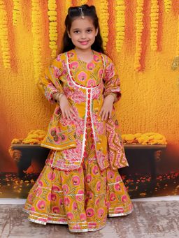 BownBee - Pure Cotton Printed Kurta Sharara with Dupatta for Girls- Yellow (Set of 3)