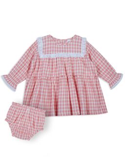 My Milestones - Seersucker Checks Dress with Lace Detailing - Peach (Set of 2)