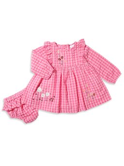 My Milestones - Embroidery Full Sleeves Seersuckers Dress with Bloomer - Pink (Set of 2)