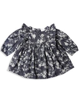 My Milestones - Exajurated Ruffle Full Sleeves Denim Printed Dress - Blue