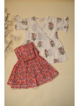 ADYA - White and Peach Floral Angarkha & Sharara (Set of 2)