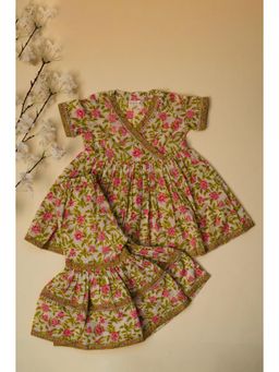 ADYA - Light Yellow & Pink Floral Kurta Sharara (Set of 2)