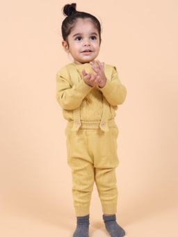 Mama & Peaches - Yellow Dungaree Knitted Cotton Sweatshirt with Jogger & Cap (Set of 3)