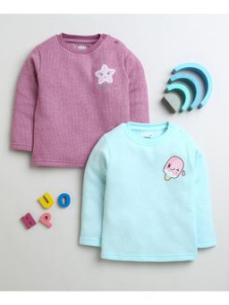 Bumzee - Sky Blue & Mauve Girls Cotton Thermal T-Shirts Pack Of 2 (Pack of 2)