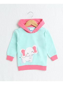 Bumzee - Mint Green & Pink Girls Full Sleeves Cotton Hooded Sweat-Shirt