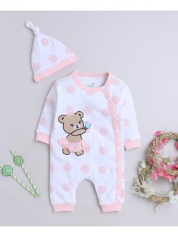 Bumzee - White & Pink Girls Fashion Trendy Sleepsuit with Cap (Set of 2)