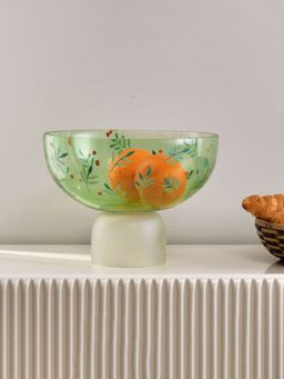 At Home by Nilkamal - Hand-Painted Leaf Design Glass Urli Bowl with Base - Green