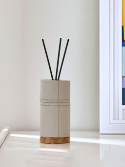 At Home by Nilkamal - Leather Finish Reed Diffuser Storage Jar with 3 Sticks - Cream