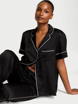 Victoria's Secret - Black Glazed Satin Short Sleeve Long Shirt with Pyjamas