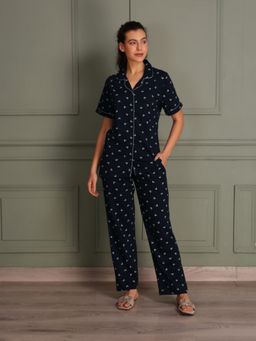 TITTLI - Navy Blue Women Pure Cotton Printed Shirt & Pyjama