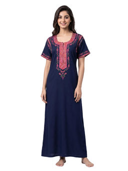 Juliet - Navy Blue Women's Printed Poly Cotton Soft & Comfortable Night Gown