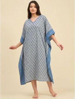 The Kaftan Company - Grey & Blue Butti Print Cotton Kaftan With Textured Indigo Border
