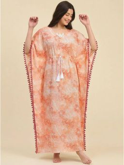 The Kaftan Company - Peach Floral Print Cotton Kaftan With Pom Pom Trim