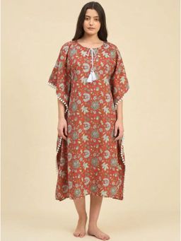 The Kaftan Company - Rust Mughal Floral Print Cotton Kaftan With Pom Pom Trim