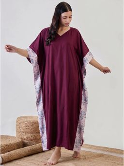 The Kaftan Company - Wine Solid Cotton Kaftan With Floral Print Side Panels