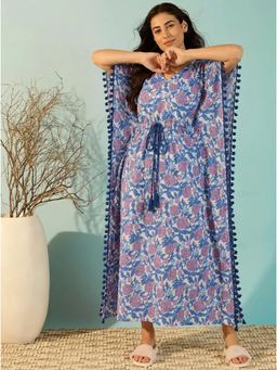 The Kaftan Company - Blue Floral Cotton Kaftan With Pom Pom Trim & Waist Tie