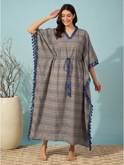 The Kaftan Company - Blue & Beige Striped Handloom Cotton Kaftan With Tassel Trim
