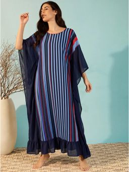 The Kaftan Company - Multi-Color Stripe Polyester Crepe Kaftan With Ruffle Hem
