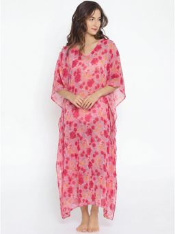 The Kaftan Company - Pink Floral Print Sheer Georgette Maxi Kaftan