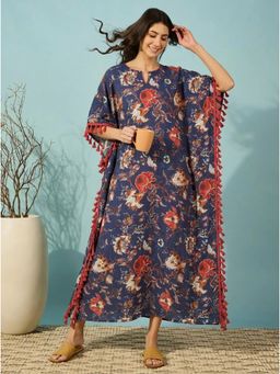 The Kaftan Company - Navy Blue Floral Modal Kaftan With Tassel Trim & Pockets