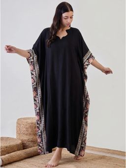 The Kaftan Company - Black Solid Modal Kaftan With Floral Border Panels