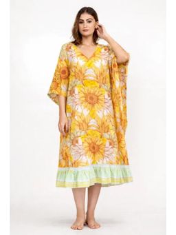 The Kaftan Company - Yellow Floral Viscose Kaftan With Ruffle Hem